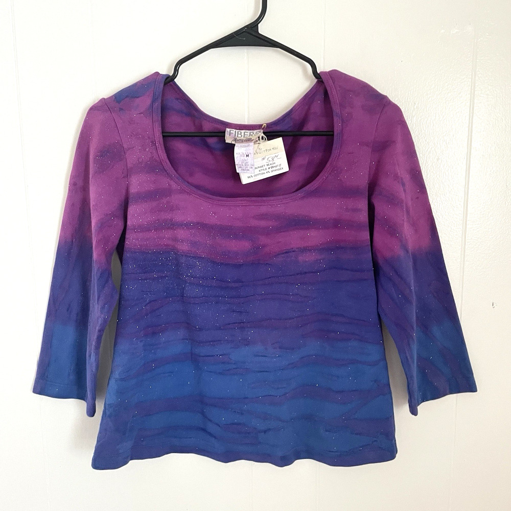 Y2K Glitter Tie Dye Top M Purple Blue Ombre Sunset Shirt 3/4 Sleeve‎ Stretch USA
